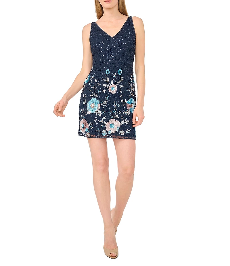 Pisarro Nights Petite Size Floral Sequin Mesh Mini Dress