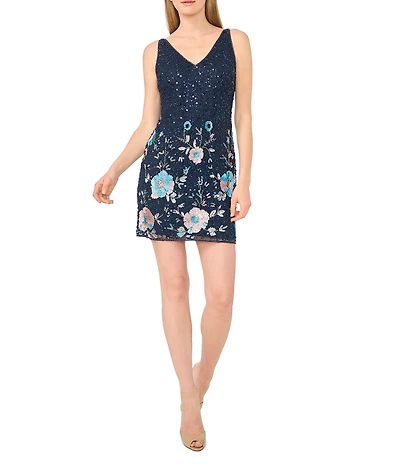 Pisarro Nights Petite Size Floral Sequin Mesh Mini Dress