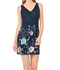 Pisarro Nights Petite Size Floral Sequin Mesh Mini Dress