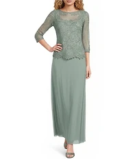 Pisarro Nights Petite Size Illusion Neck 3/4 Sleeve Beaded A-Line Dress