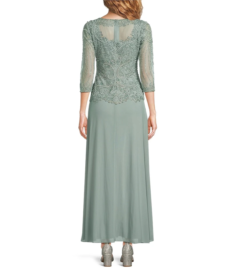 Pisarro Nights Petite Size Illusion Neck 3/4 Sleeve Beaded A-Line Dress