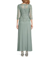 Pisarro Nights Petite Size Illusion Neck 3/4 Sleeve Beaded A-Line Dress