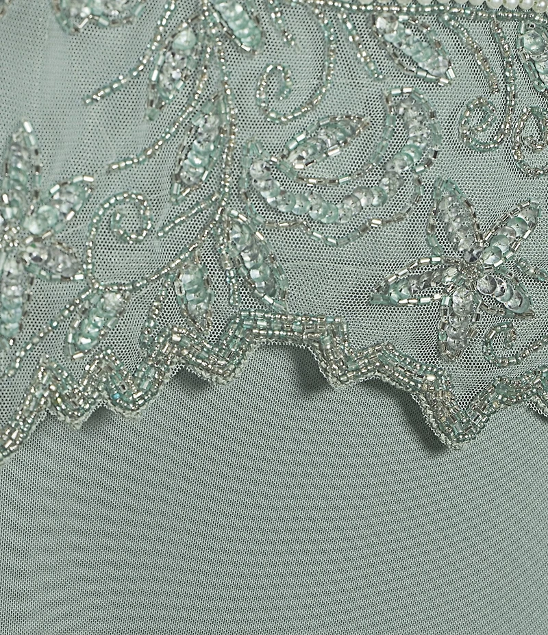 Pisarro Nights Petite Size Illusion Neck 3/4 Sleeve Beaded A-Line Dress