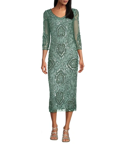 Pisarro Nights Petite Size Mesh V-Neck 3/4 Sleeve Beaded Midi Dress