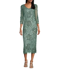 Pisarro Nights Petite Size Mesh V-Neck 3/4 Sleeve Beaded Midi Dress