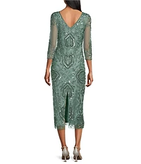 Pisarro Nights Petite Size Mesh V-Neck 3/4 Sleeve Beaded Midi Dress