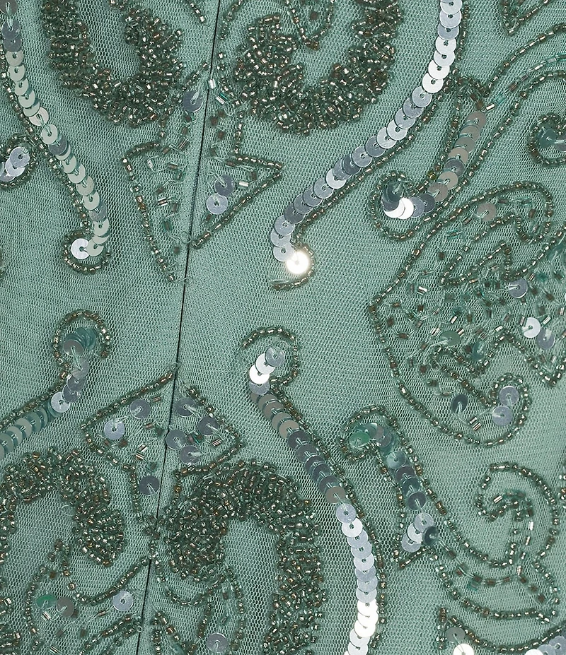 Pisarro Nights Petite Size Mesh V-Neck 3/4 Sleeve Beaded Midi Dress