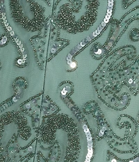 Pisarro Nights Petite Size Mesh V-Neck 3/4 Sleeve Beaded Midi Dress