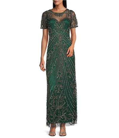 Pisarro Nights Petite Size Short Sleeve Beaded Gown