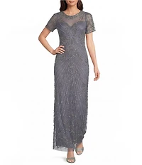 Pisarro Nights Petite Size Short Sleeve Beaded Gown
