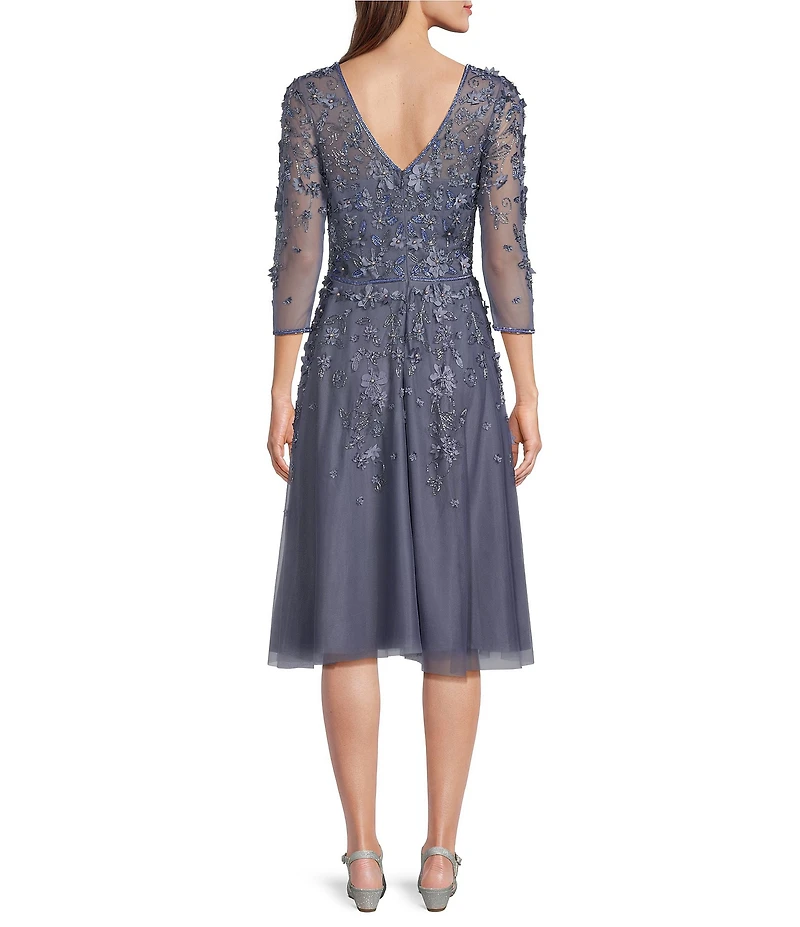 Pisarro Nights Petite Size V-Neck 3/4 Sleeve Beaded Mesh Floral Embroidered Midi Dress
