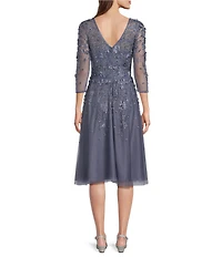 Pisarro Nights Petite Size V-Neck 3/4 Sleeve Beaded Mesh Floral Embroidered Midi Dress