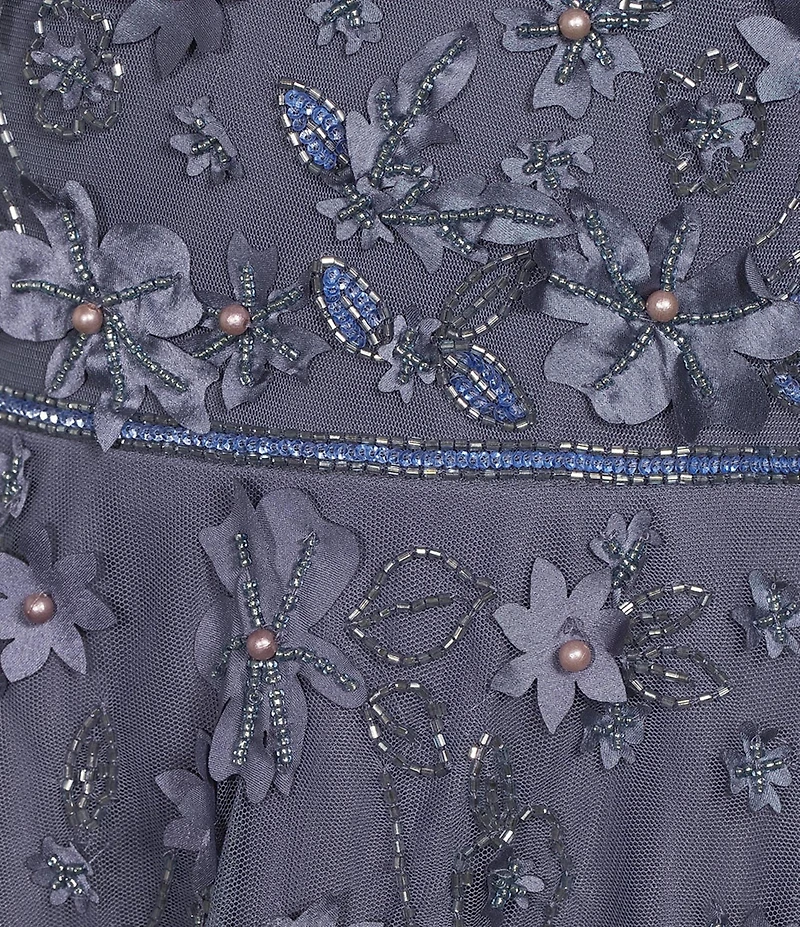 Pisarro Nights Petite Size V-Neck 3/4 Sleeve Beaded Mesh Floral Embroidered Midi Dress