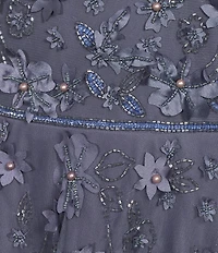 Pisarro Nights Petite Size V-Neck 3/4 Sleeve Beaded Mesh Floral Embroidered Midi Dress