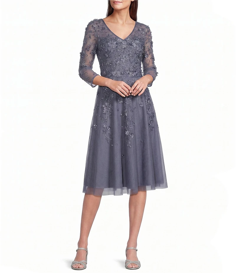 Pisarro Nights Petite Size V-Neck 3/4 Sleeve Beaded Mesh Floral Embroidered Midi Dress