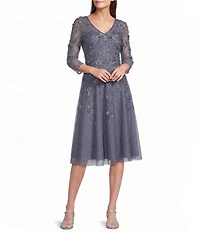 Pisarro Nights Petite Size V-Neck 3/4 Sleeve Beaded Mesh Floral Embroidered Midi Dress