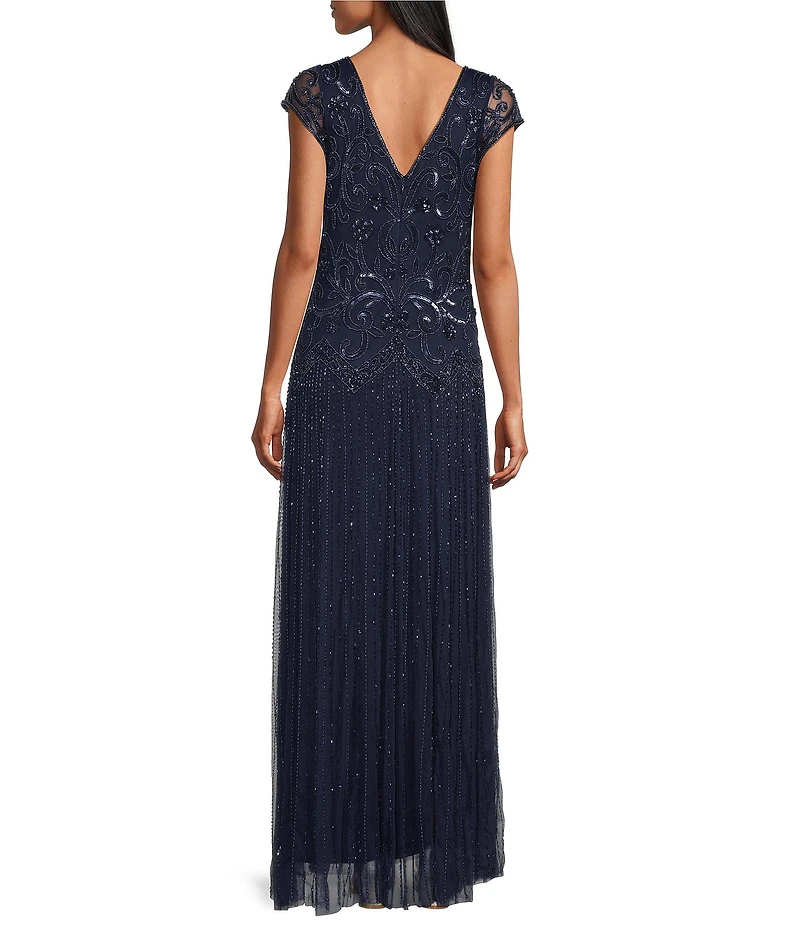 Pisarro Nights Petite Size V-Neck Cap Sleeve Beaded Sheath Gown