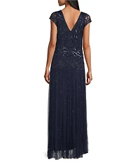 Pisarro Nights Petite Size V-Neck Cap Sleeve Beaded Sheath Gown