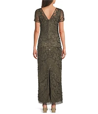 Pisarro Nights Petite Size V-Neck Short Sheer Sleeve Back Slit Beaded Sheath Dress