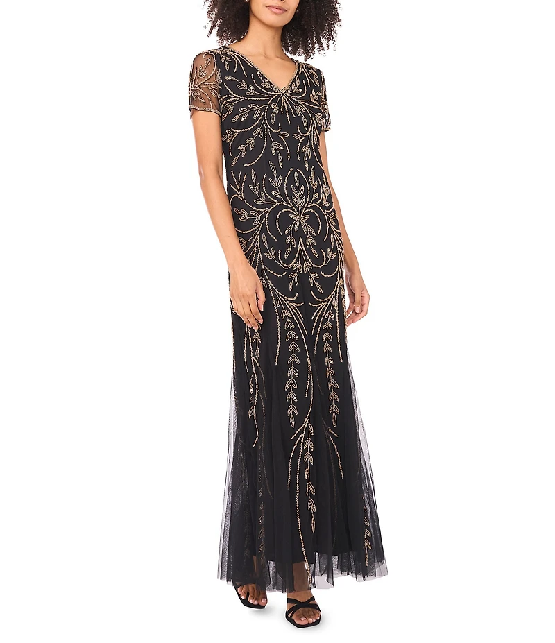 Pisarro Nights Petite Size V-Neck Short Sleeve Godet Skirt Beaded Column Gown