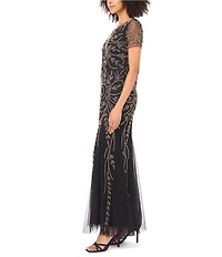 Pisarro Nights Petite Size V-Neck Short Sleeve Godet Skirt Beaded Column Gown