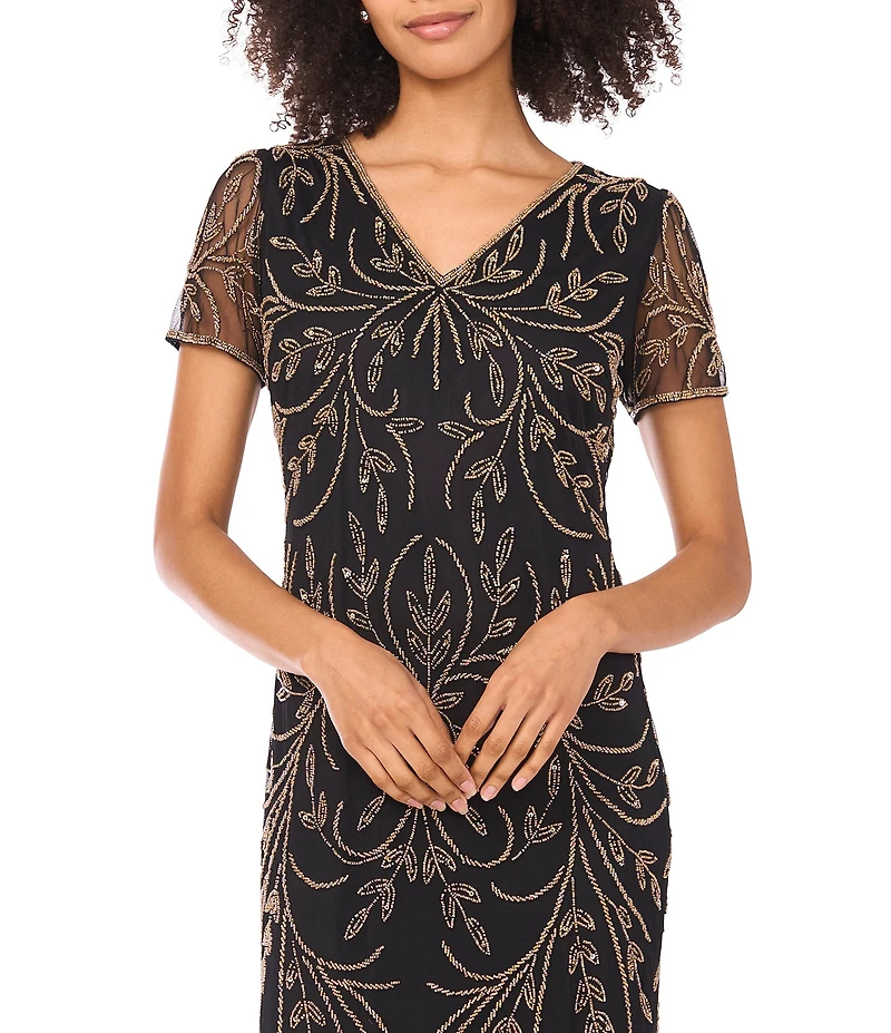 Pisarro Nights Petite Size V-Neck Short Sleeve Godet Skirt Beaded Column Gown