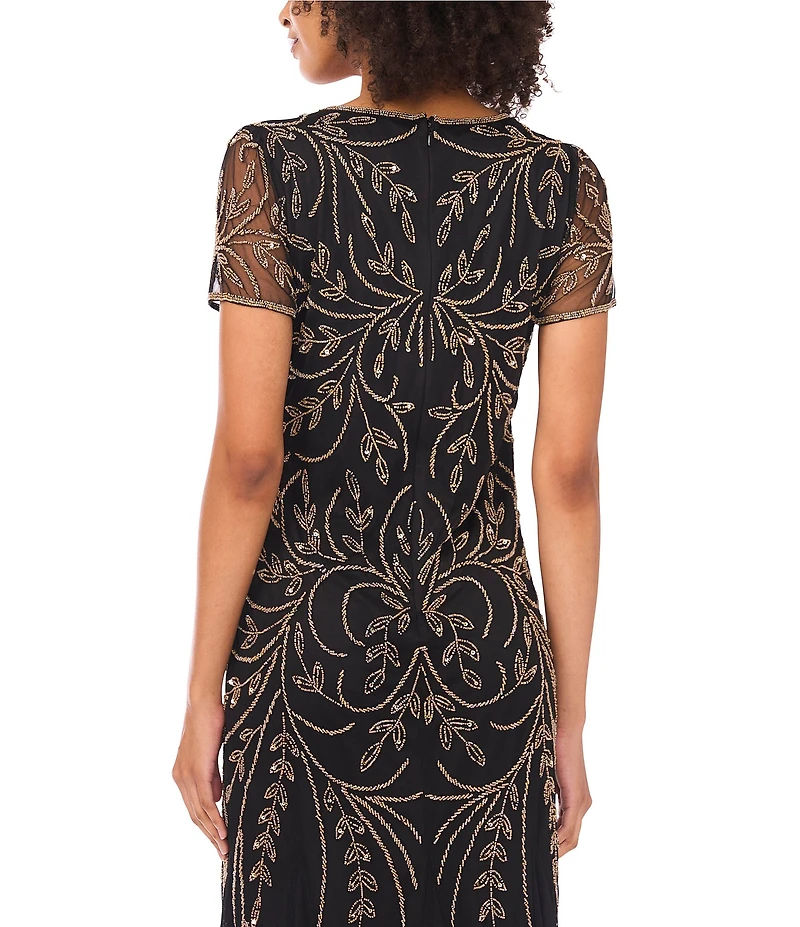 Pisarro Nights Petite Size V-Neck Short Sleeve Godet Skirt Beaded Column Gown