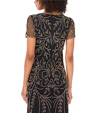 Pisarro Nights Petite Size V-Neck Short Sleeve Godet Skirt Beaded Column Gown