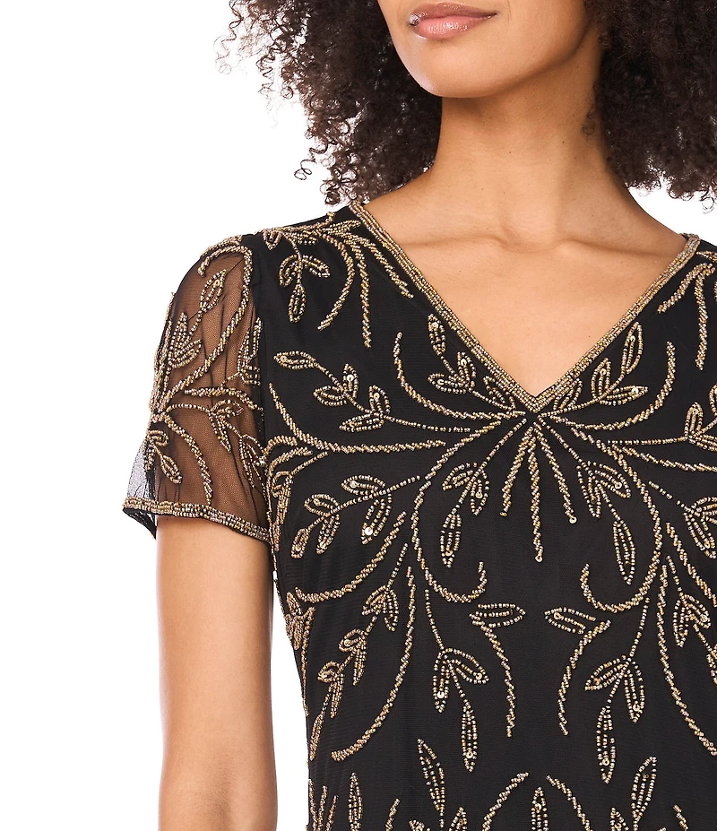 Pisarro Nights Petite Size V-Neck Short Sleeve Godet Skirt Beaded Column Gown