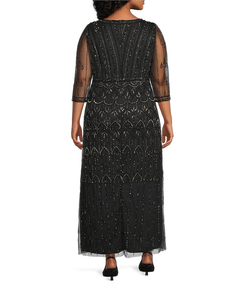 Pisarro Nights Plus Size 3/4 Mesh Sleeve Beaded Colum Gown