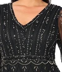 Pisarro Nights Plus Size 3/4 Mesh Sleeve Beaded Colum Gown