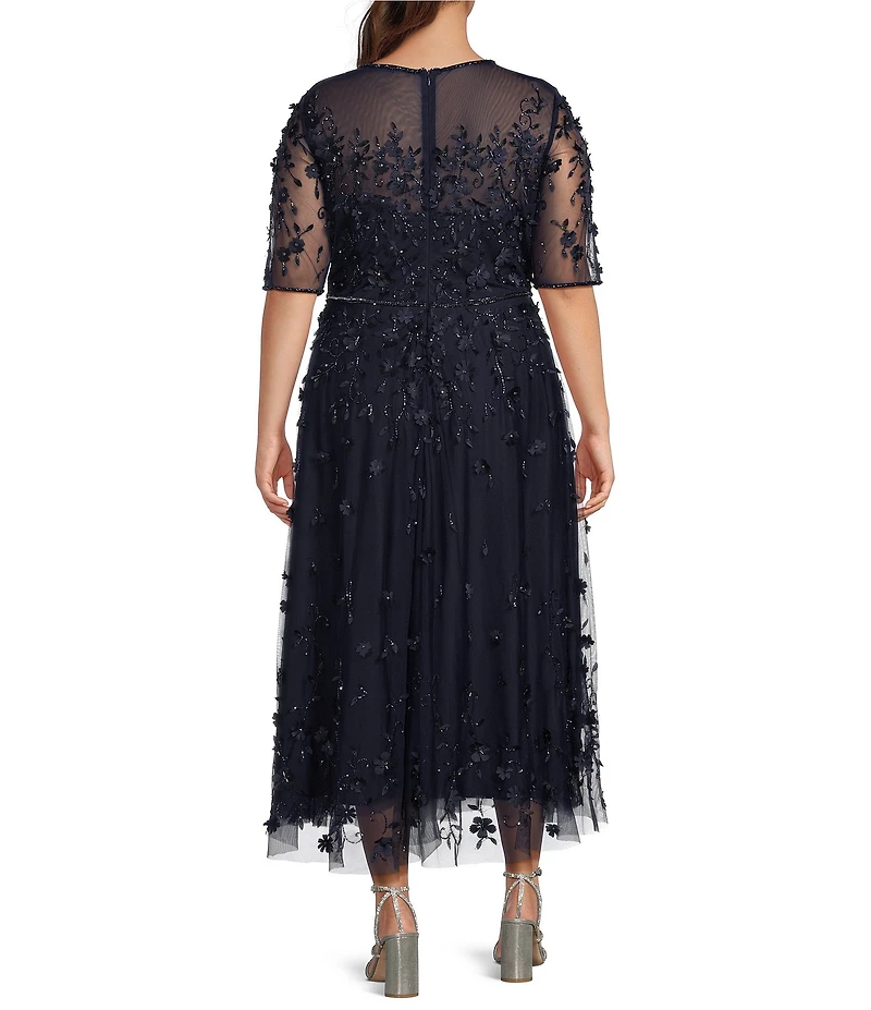 Pisarro Nights Plus Size 3D Floral Beaded 3/4 Sleeve Illusion Crew Neck Dress