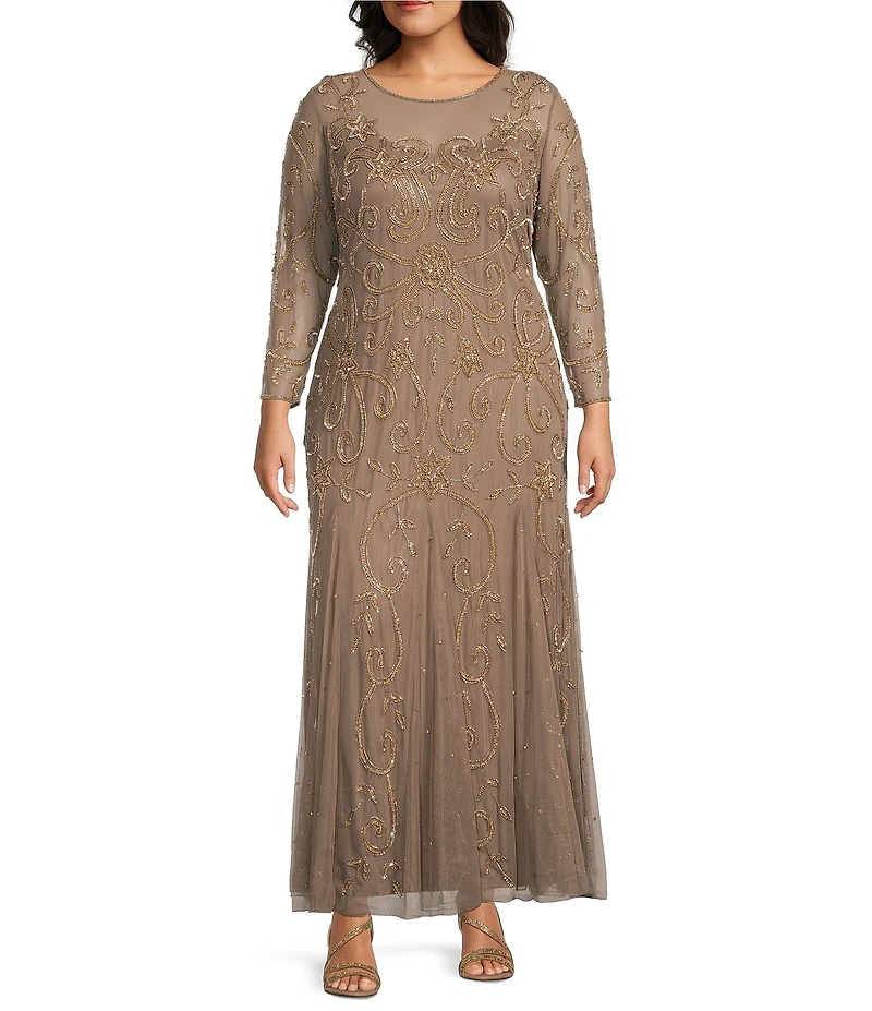 Pisarro Nights Plus Size 3/4 Sleeve Mesh Beaded Gown With Godets