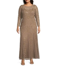 Pisarro Nights Plus Size 3/4 Sleeve Mesh Beaded Gown With Godets