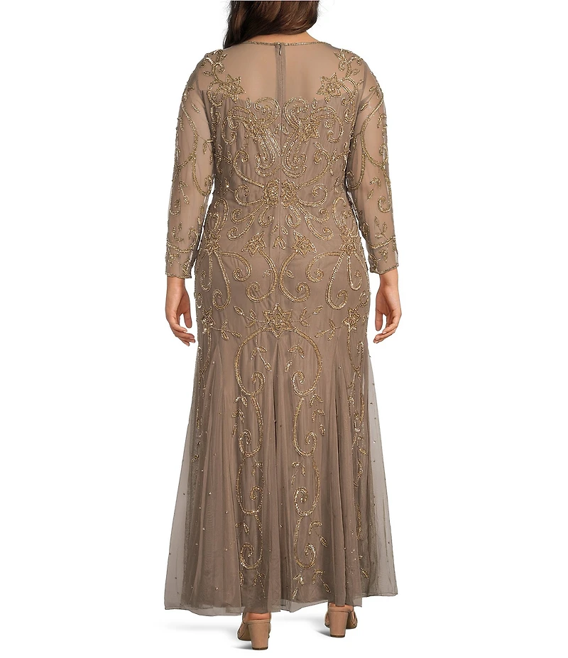 Pisarro Nights Plus Size 3/4 Sleeve Mesh Beaded Gown With Godets