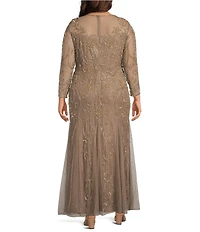 Pisarro Nights Plus Size 3/4 Sleeve Mesh Beaded Gown With Godets