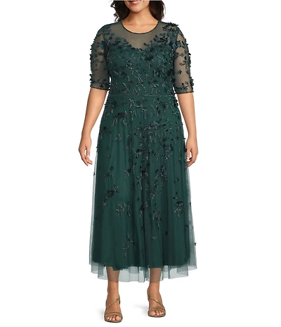 Pisarro Nights Plus Size 3D Mesh Floral Illusion Crew Neckline Short Sleeve A-Line Dress