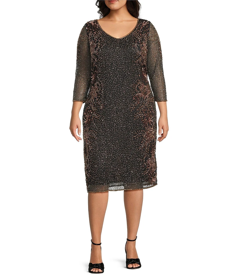 Pisarro Nights Plus Size Beaded Floral Motif Mesh 3/4 Sleeve Short Dress