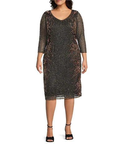 Pisarro Nights Plus Size Beaded Floral Motif Mesh 3/4 Sleeve Short Dress