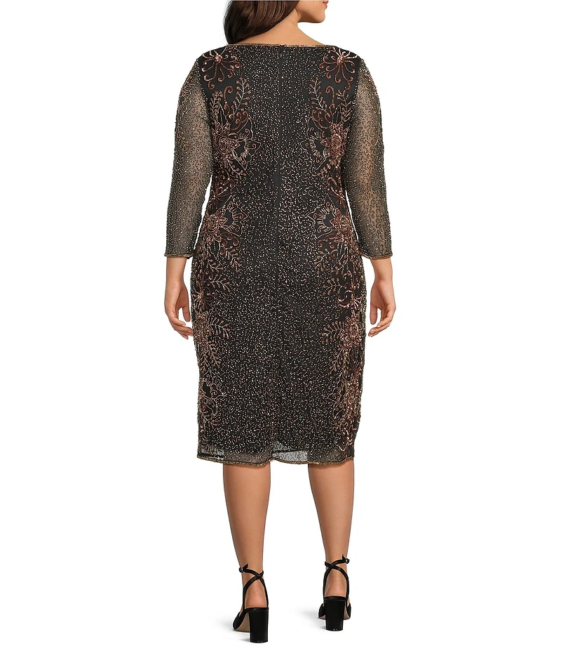 Pisarro Nights Plus Size Beaded Floral Motif Mesh 3/4 Sleeve Short Dress