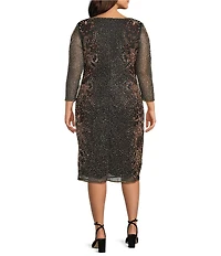 Pisarro Nights Plus Size Beaded Floral Motif Mesh 3/4 Sleeve Short Dress