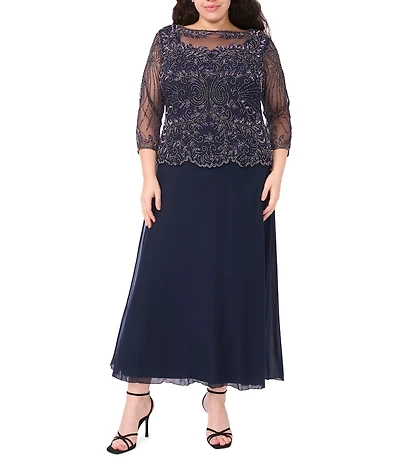 Pisarro Nights Plus Size Beaded Illusion Boat Neck 3/4 Sleeve A-Line Dress