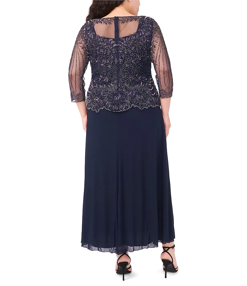 Pisarro Nights Plus Size Beaded Illusion Boat Neck 3/4 Sleeve A-Line Dress