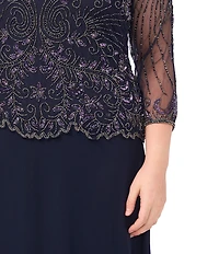 Pisarro Nights Plus Size Beaded Illusion Boat Neck 3/4 Sleeve A-Line Dress