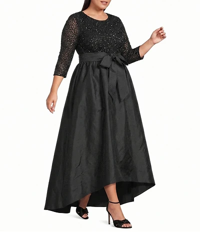 Pisarro Nights Plus Size Beaded Mesh Boat Neck 3/4 Sleeve Taffeta Gown