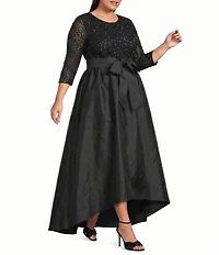 Pisarro Nights Plus Size Beaded Mesh Boat Neck 3/4 Sleeve Taffeta Gown
