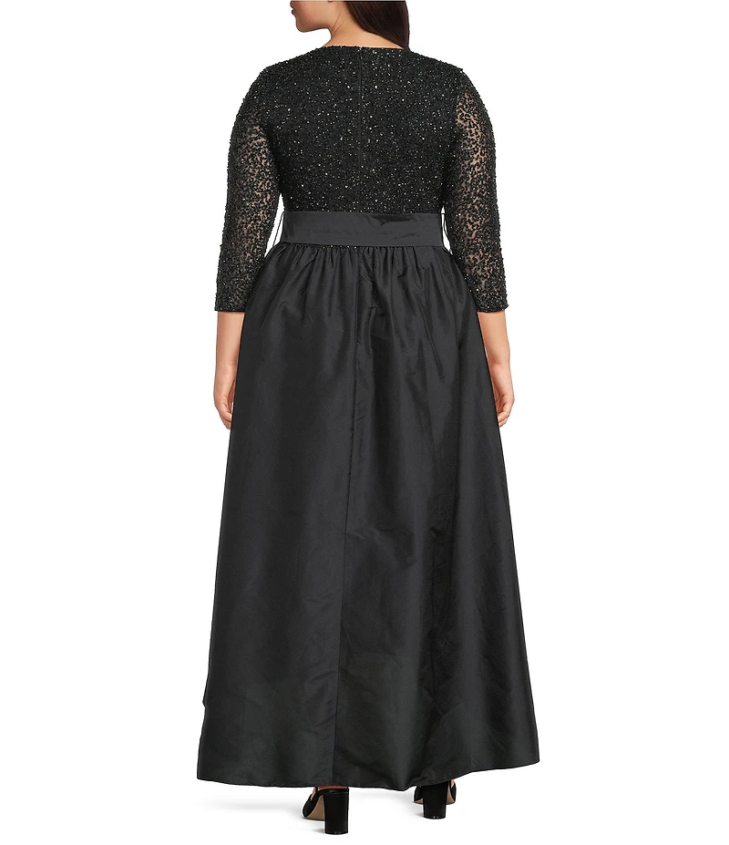Pisarro Nights Plus Size Beaded Mesh Boat Neck 3/4 Sleeve Taffeta Gown
