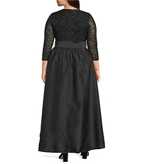 Pisarro Nights Plus Size Beaded Mesh Boat Neck 3/4 Sleeve Taffeta Gown