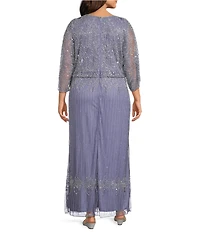 Pisarro Nights Plus Size Beaded Mesh Boat Neck Cold Shoulder Blouson Gown