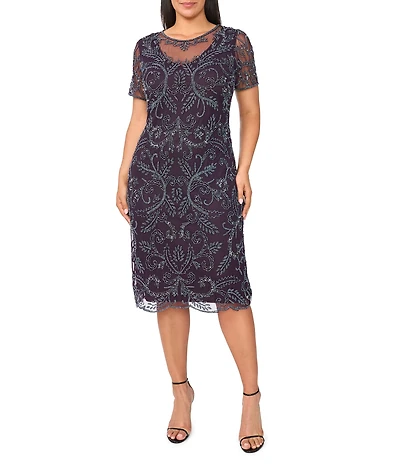 Pisarro Nights Plus Size Beaded Mesh Short Sleeve Midi Gown